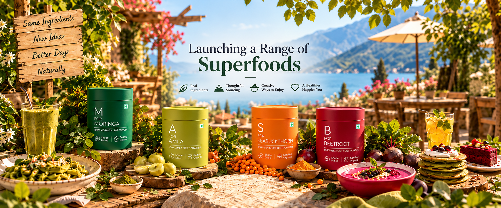 EarthIndia Organix superfoods range featuring Moringa, Amla, Seabuckthorn and Beetroot by a sunlit lake.